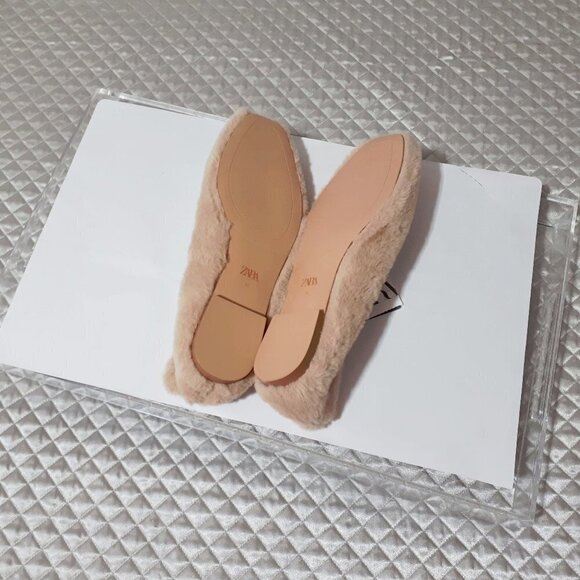 NWT Zara light brown taupe tan faux fur low heeled ballet flats, 8 - Picture 13 of 14